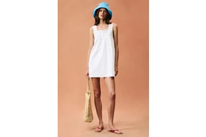 Embroidered Cotton Shift Mini Dress with Pockets - Square Neck Fully Lined Dress