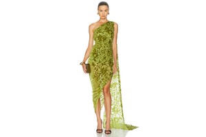 Sarai One Shoulder Flocked Mesh Midi Dress - Velvet Leaf Occasion Dress for OEM
