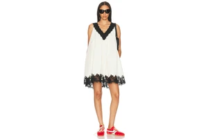 Taffeta Mini Dress with Lace Trim - Viscose Tech Poplin Shift with Pockets