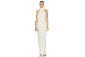 Halter Open Back Jersey Gown with Bodysuit - Shoulder Flower Detail Dress for OEM