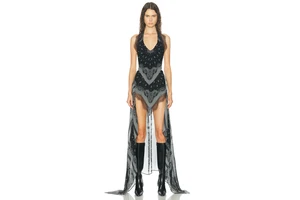 Paisley Chiffon Halter Maxi Dress - High Low Asymmetric Set Dress with Lace Trim
