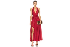 Indra Plunge Halter Maxi Dress in 100% Silk - Self Tie Open Back Dress for OEM