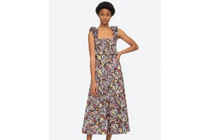 Cotton Floral Print Smocked Tiered Midi Dress - Shirred Strap Sleeveless Smock Bodice Dress