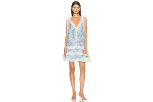 Floral Cotton Voile Lantern Mini Dress - Elastic Strap Lace Trim Fit and Flare Dress