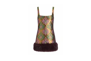 Brocade Mini Dress with Faux Fur Hem - Square Neck Jacquard Party Dress