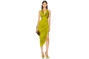 Plunge Neck Asymmetric Hem Ruched Dress in Viscose Jersey - Midi Dress for OEM