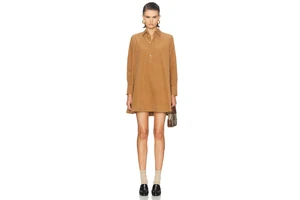 Corduroy Long Sleeve Shirt Dress with Pockets - Cotton Roll Sleeve Mini Dress