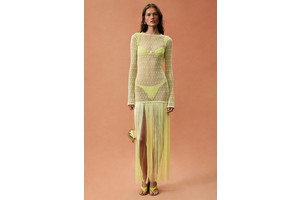 Long Sleeve Fringe Knit Maxi Dress in Open Stitch - Sheer Cover-Up Dress for OEM