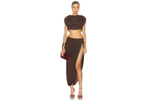 Draped Asymmetric Midi Dress with Built-In Shorts - Slinky Jersey Two-Piece Look Dress