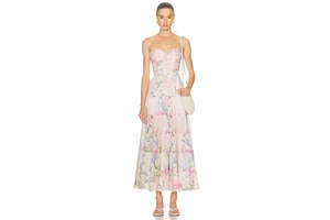 Strapless Cotton Voile Maxi Dress with Belt - Boned Bodice Printed Long Dress