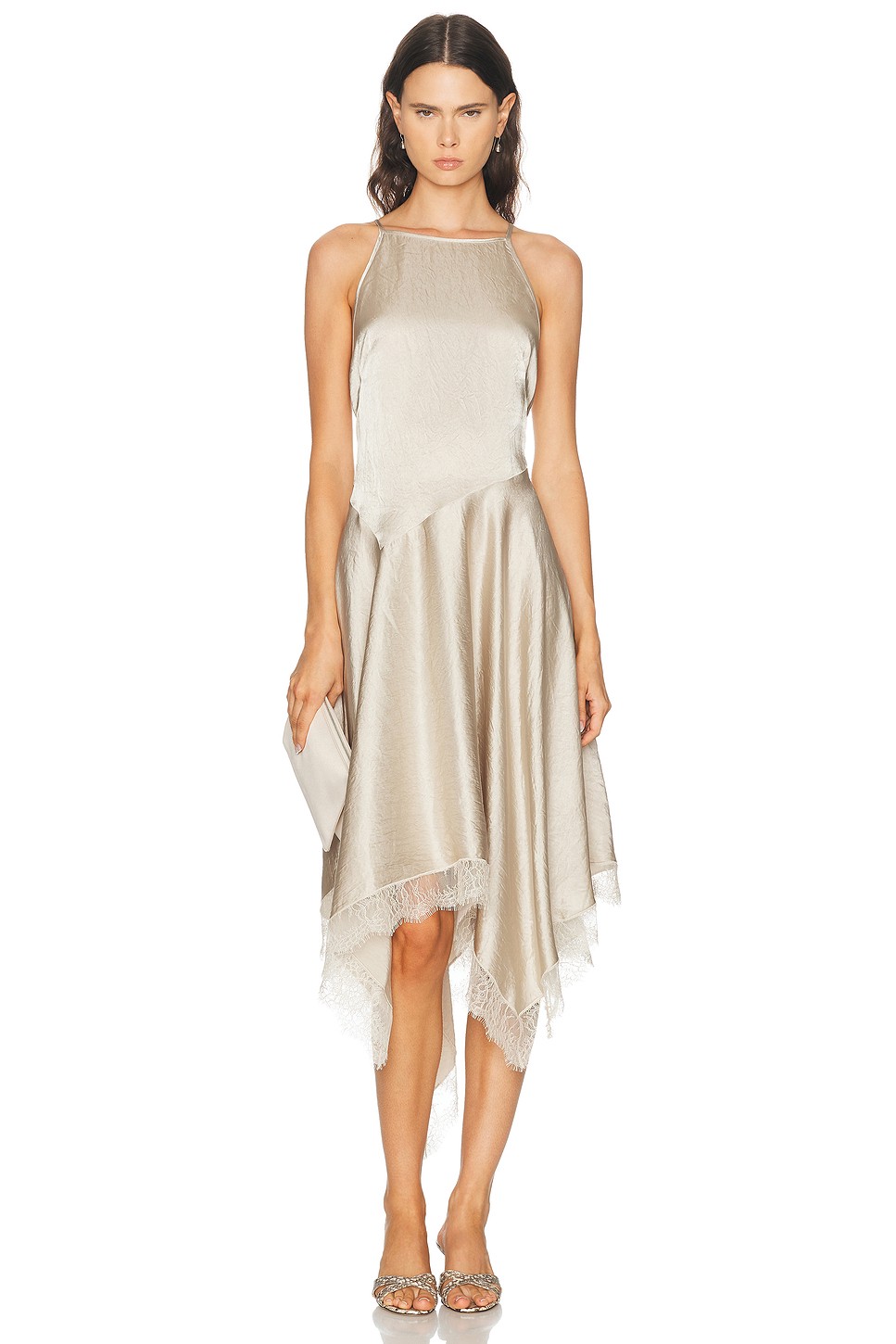 Silver Taupe Asymmetrical Satin Dress - Rayon Satin Asymmetric Midi for OEM
