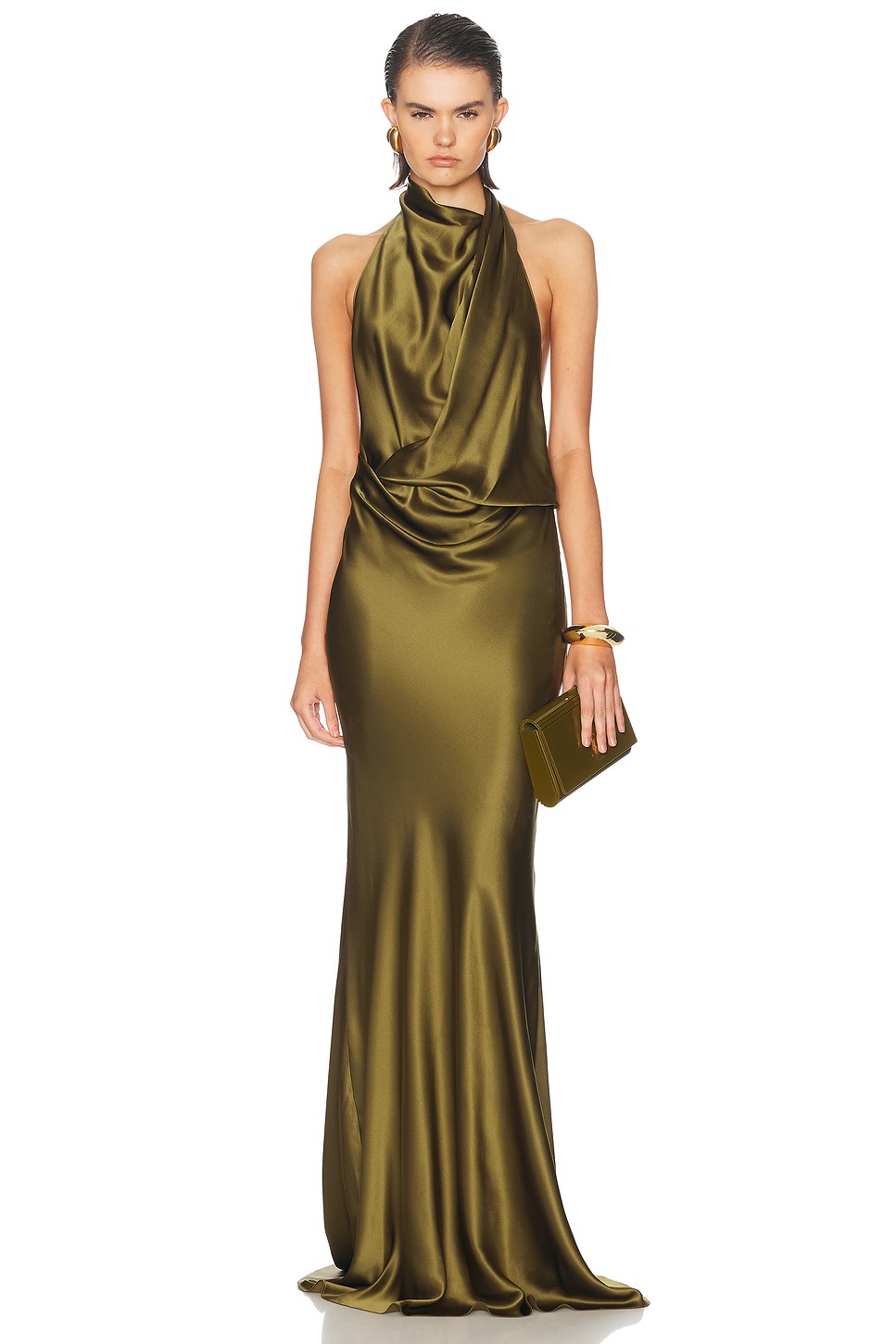 Olive Silk Charmeuse Gown - Silk Halter Draped Gown for OEM