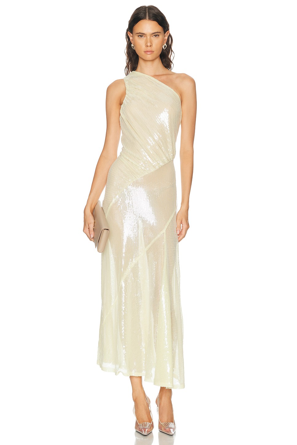 Butter Yellow Sequin Mesh Dress - Sequin Mesh One Shoulder Midi for OEM