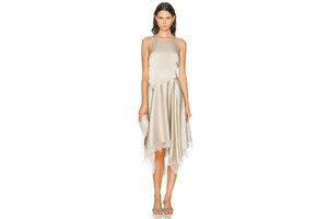 Silver Taupe Asymmetrical Satin Dress - Rayon Satin Asymmetric Midi for OEM
