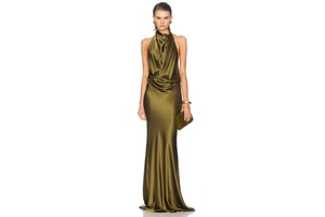 Olive Silk Charmeuse Gown - Silk Halter Draped Gown for OEM