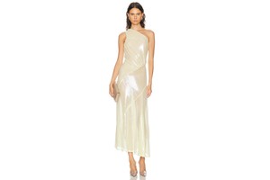 Butter Yellow Sequin Mesh Dress - Sequin Mesh One Shoulder Midi for OEM