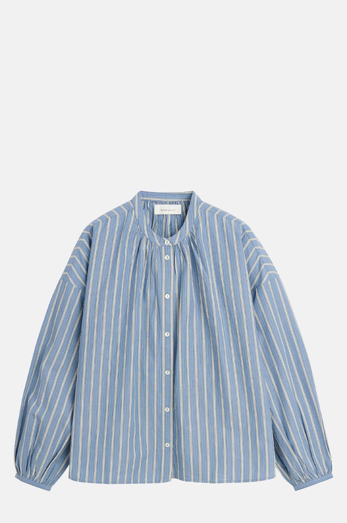 Blue Striped Oversized Cotton Shirt - Band Collar Blouse for OEM