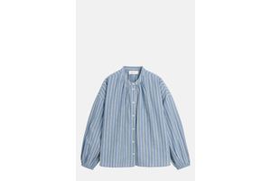 Blue Striped Oversized Cotton Shirt - Band Collar Blouse for OEM