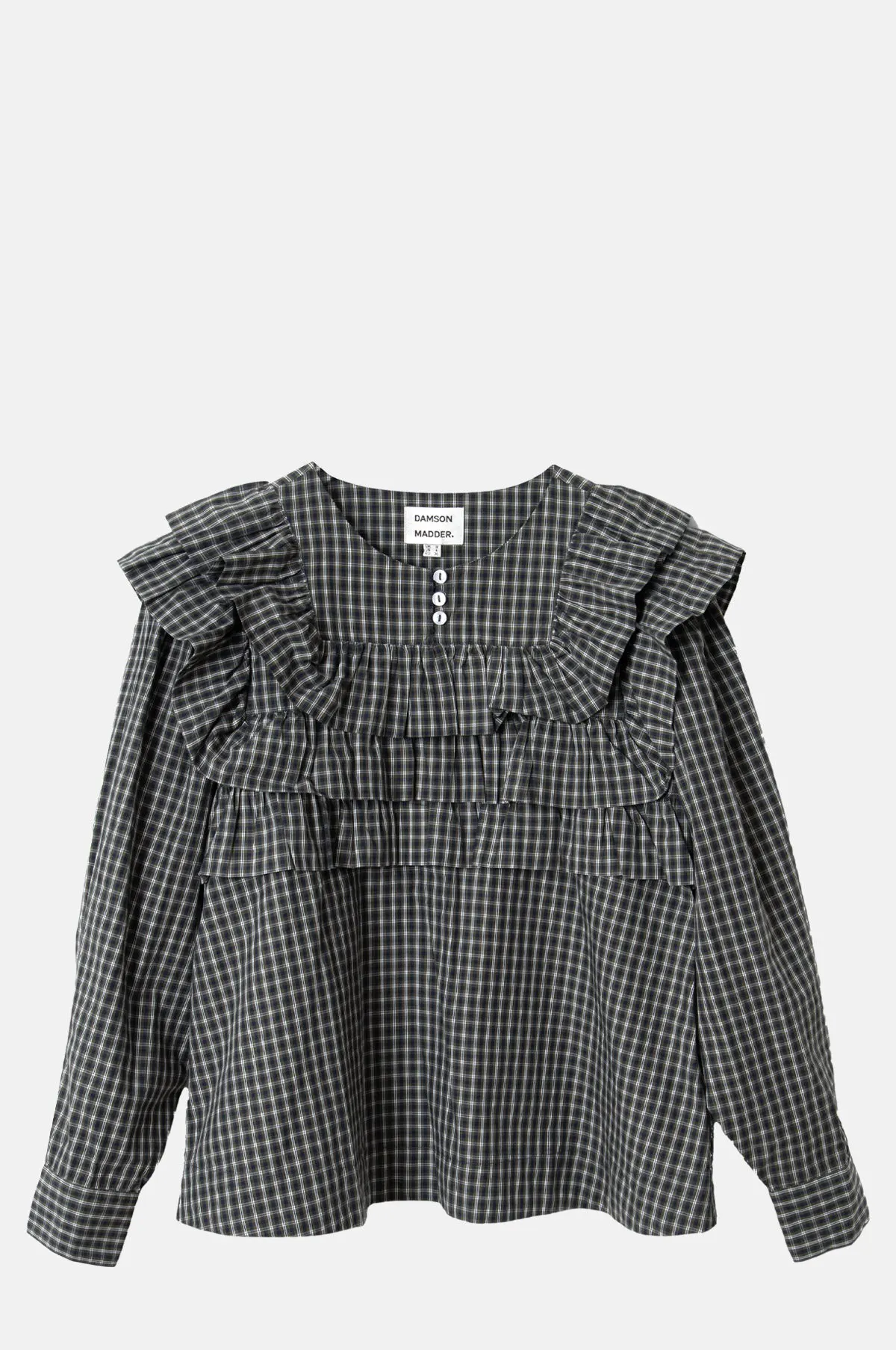 Navy Green Mini Check Ruffle Blouse - Organic Cotton Frill Sleeve for OEM