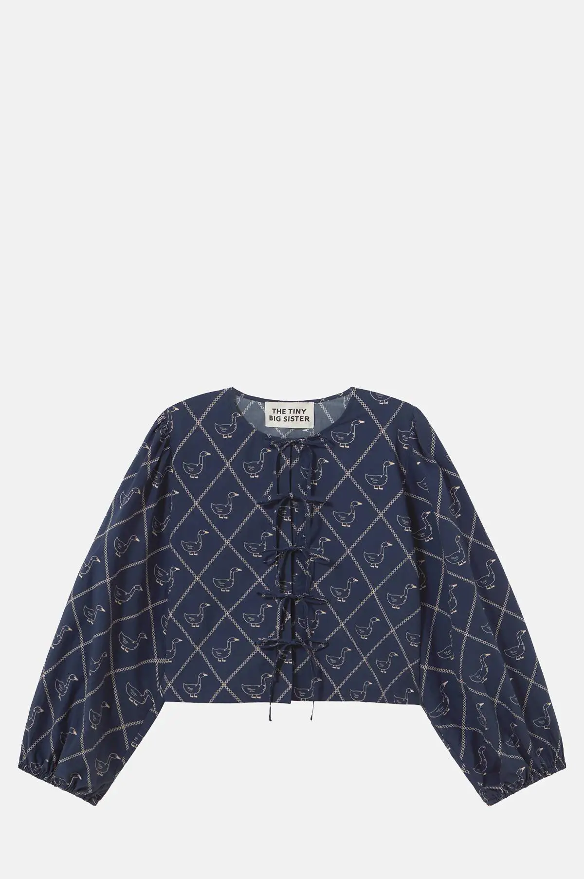 Navy Cotton Bow Blouse - Tie Front Puff Sleeve for OEM
