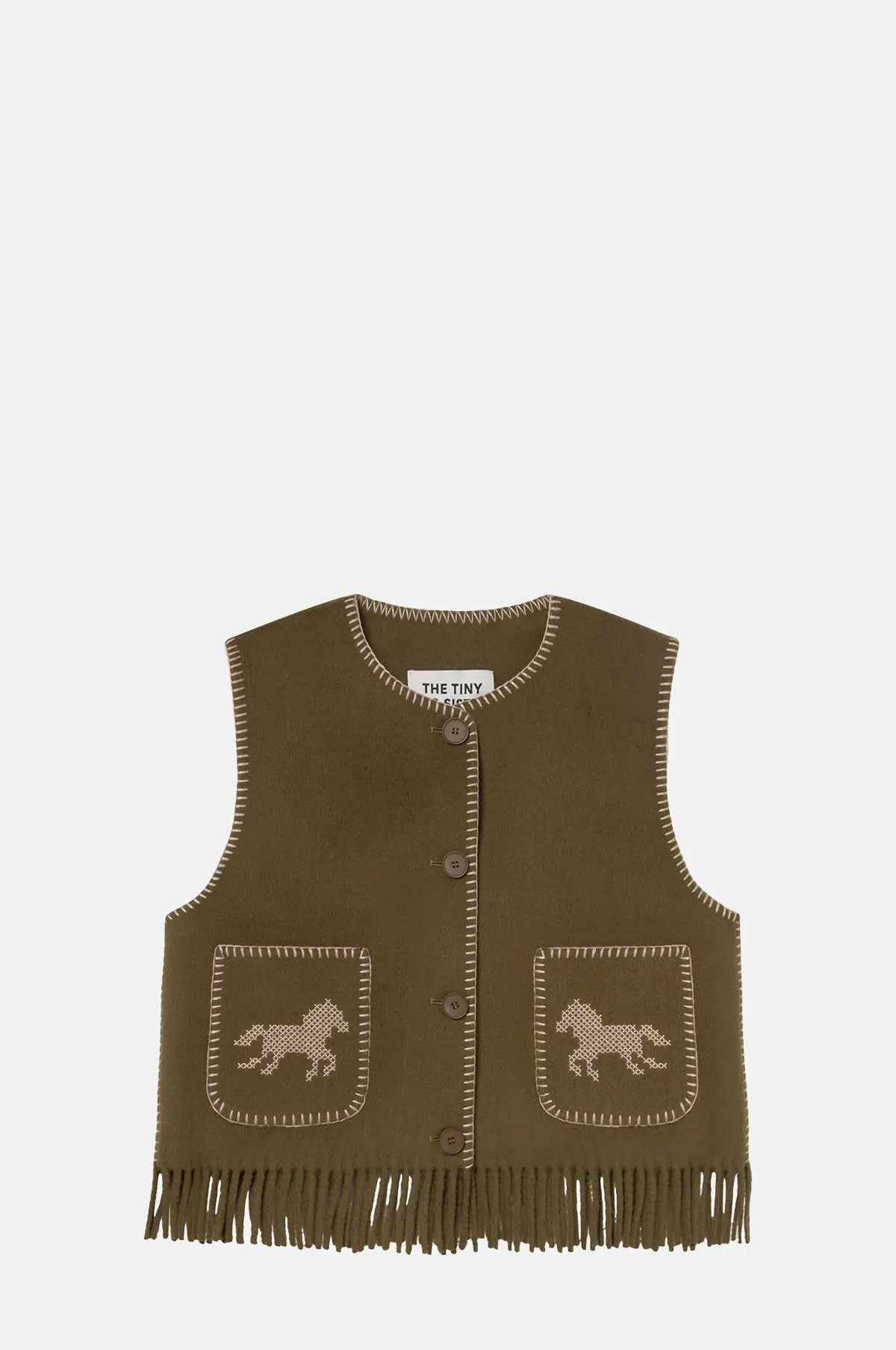 Khaki Wool Blend Vest - Embroidered Pockets and Fringe for OEM