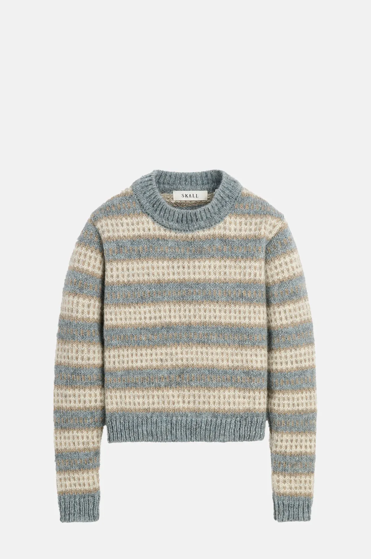 Sand Beige Intarsia Wool Jumper - Striped Crew Neck Knit for OEM