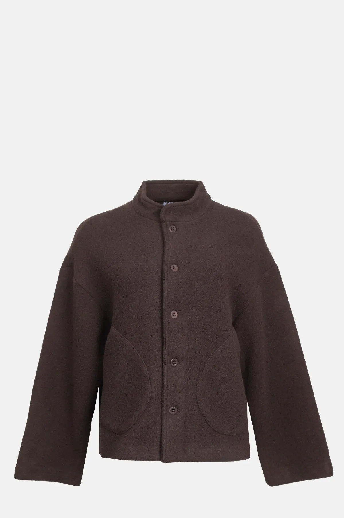 Brown Felted Virgin Wool Jacket - Rounded Stand Collar Coat for OEM