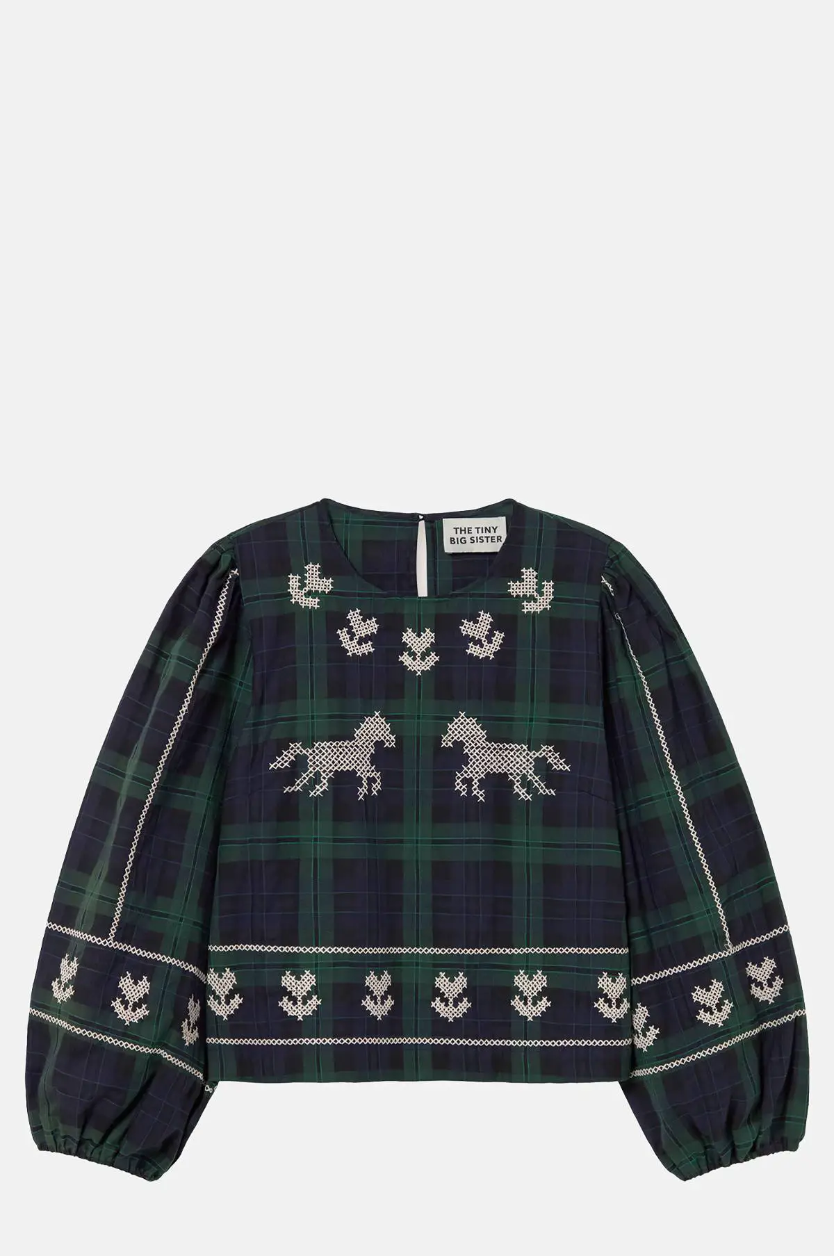 Navy Check Cotton Blouse - Embroidered Puff Sleeve for OEM