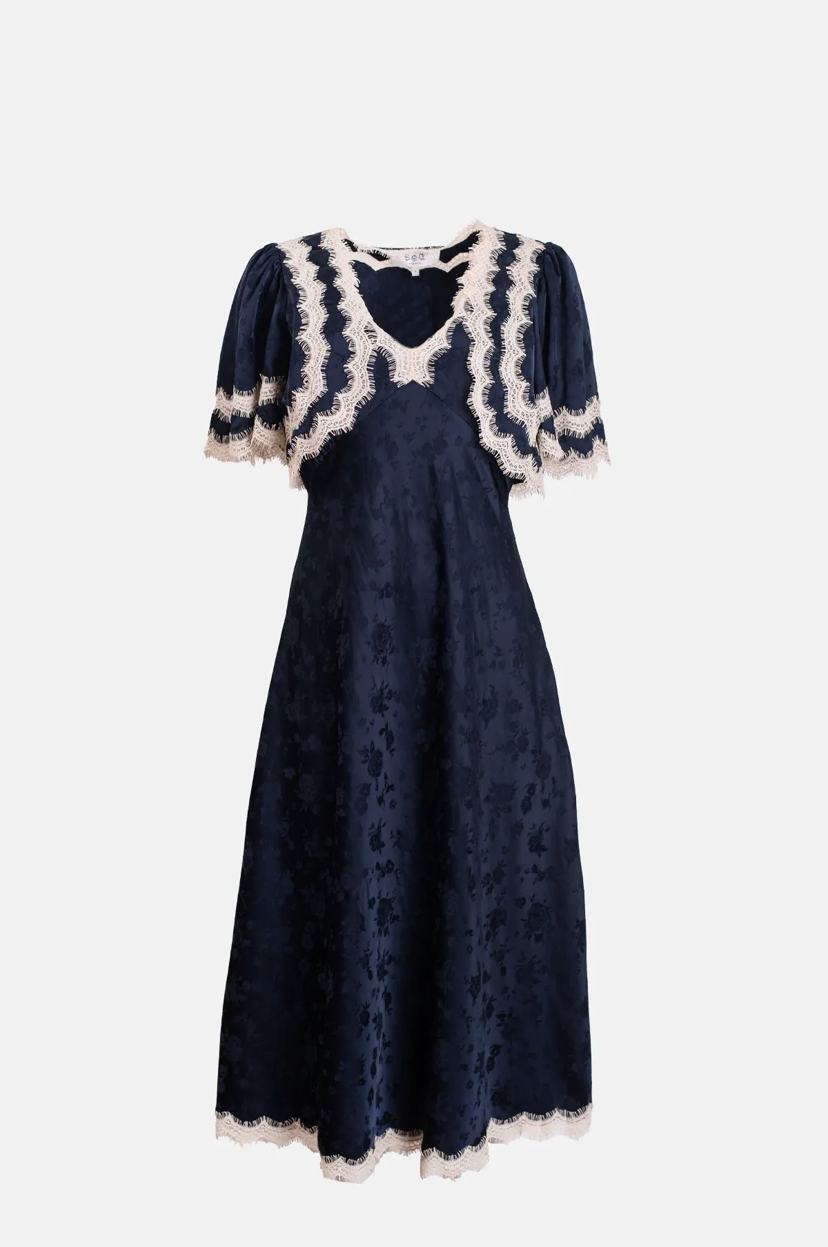 Navy Lace Cape Midi Dress - Viscose with Floral Motif for OEM