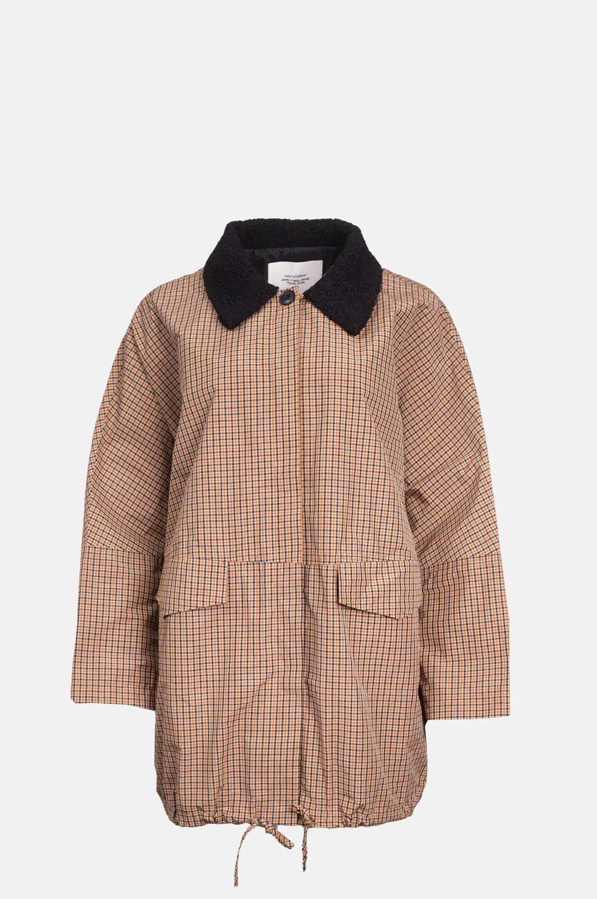 Brown Check Cotton Blend Parka - Loop Collar Coat for OEM