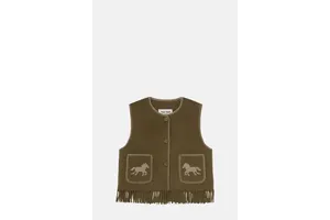 Khaki Wool Blend Vest - Embroidered Pockets and Fringe for OEM