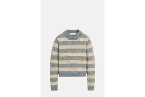 Sand Beige Intarsia Wool Jumper - Striped Crew Neck Knit for OEM