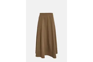 Brown Cotton Pleated Midi Skirt - A-Line Structured for OEM