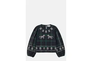 Navy Check Cotton Blouse - Embroidered Puff Sleeve for OEM