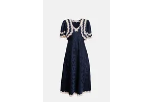 Navy Lace Cape Midi Dress - Viscose with Floral Motif for OEM
