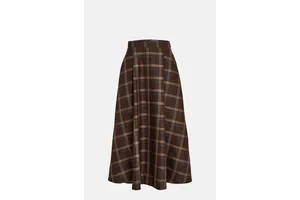 Brown Check Pleated Midi Skirt - A-Line Structured for OEM