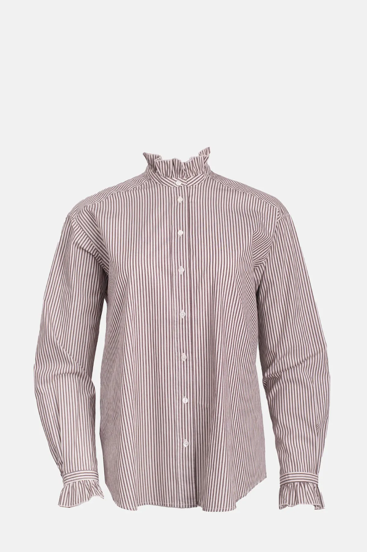 Frilled High Neck Striped Cotton Shirt - OEM