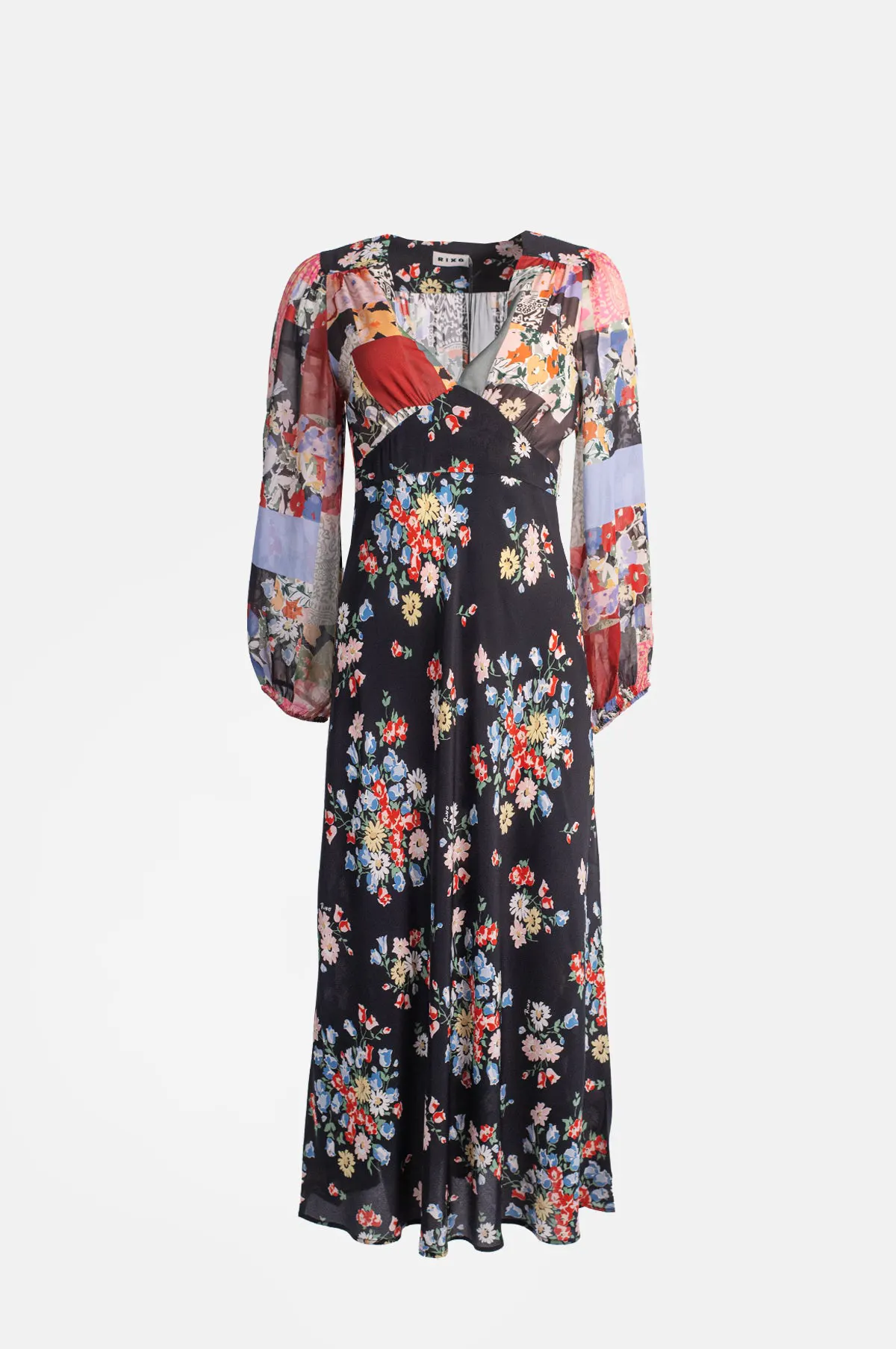 Multi Print Patchwork Silk Empire Midi Dress - OEM