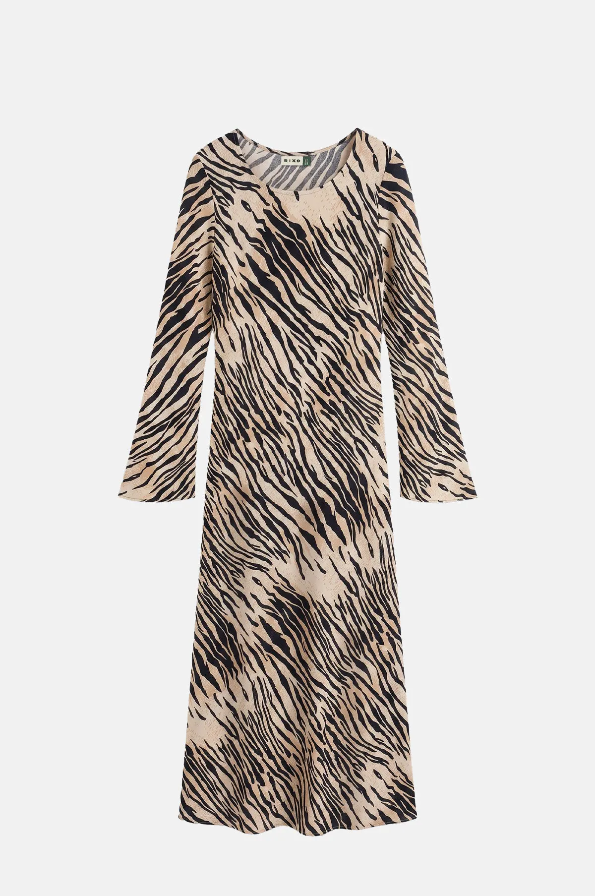 Bias Cut Long Sleeve Tiger Print Midi Dress - OEM