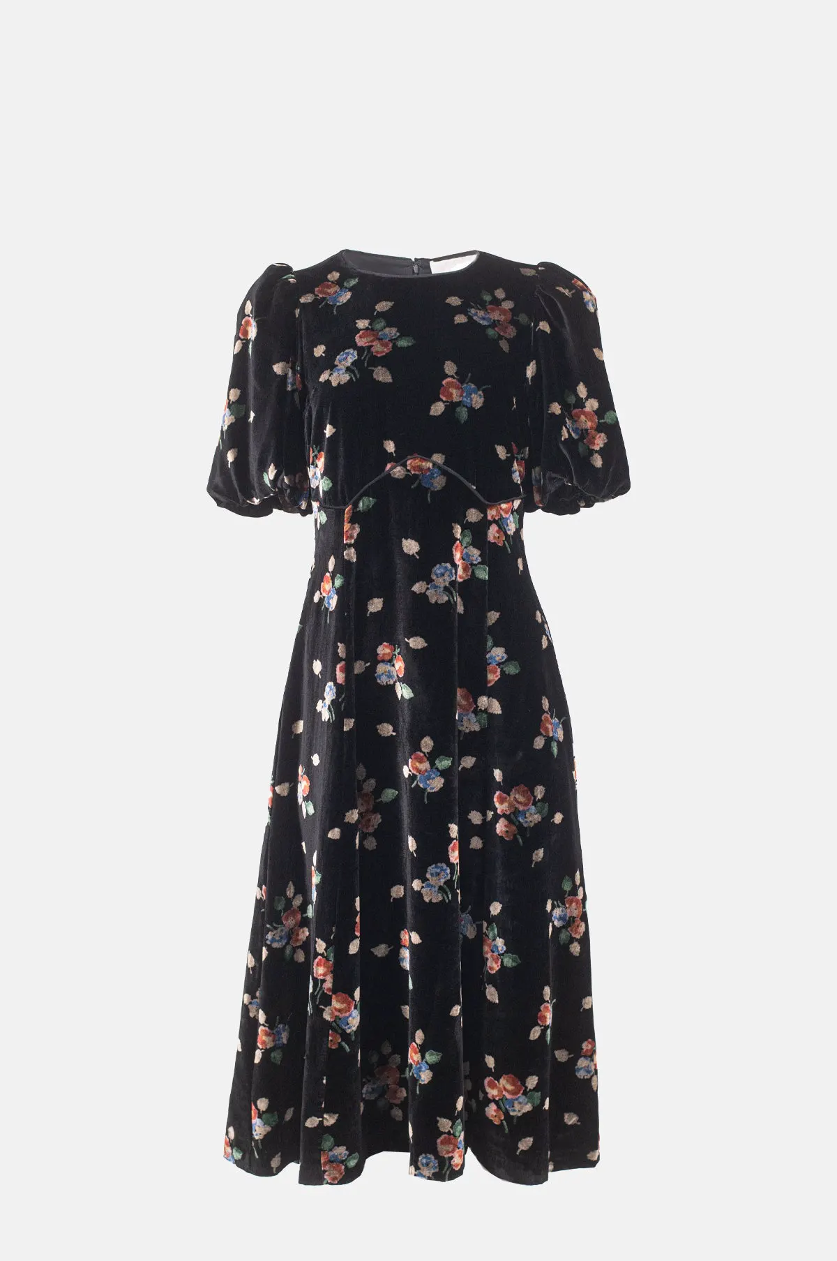 Black Floral Velvet Puff Sleeve Midi Dress - OEM