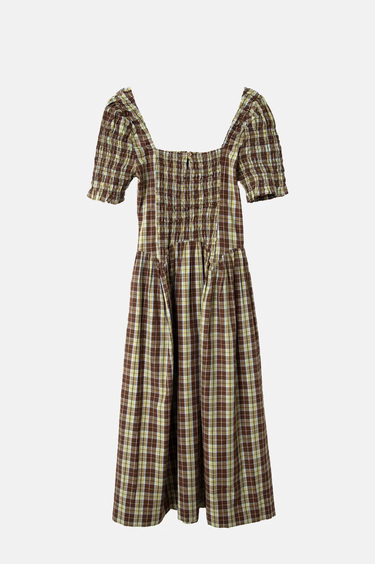 Brown Check Shirred Midi Dress - OEM