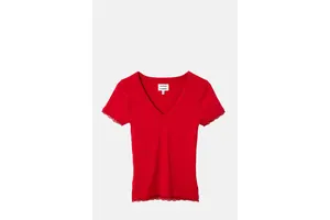 Fitted Lace Trim Stretch Cotton V-Neck Tee - OEM