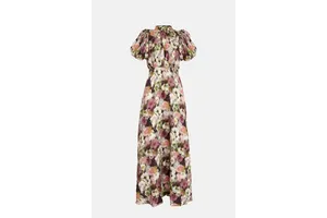 Floral Print Open Back Puff Sleeve Maxi Dress - OEM