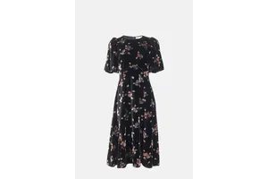 Black Floral Velvet Puff Sleeve Midi Dress - OEM