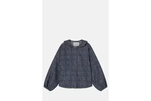 Navy Linen Cotton Dotted Floral Blouse - OEM