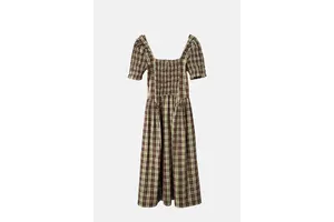 Brown Check Shirred Midi Dress - OEM